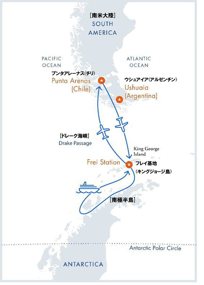 南極フライ＆クルーズ（Ⅰ）南極半島＆サウスシェットランド諸島8日間ルート地図