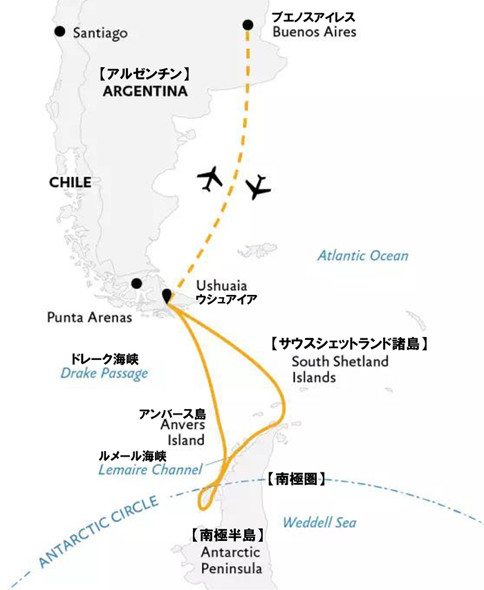南極半島＆サウスシェットランド諸島（南極圏横断）14日間／ブエノスアイレス発着パッケージ付ルートマップ