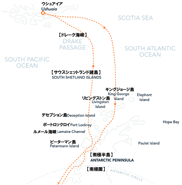 南極半島＆サウスシェットランド諸島（南極圏横断）15日間ルート地図