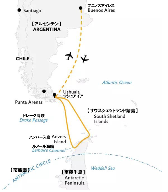 南極半島＆サウスシェットランド諸島12日間／ブエノスアイレス発着パッケージ付ルートマップ