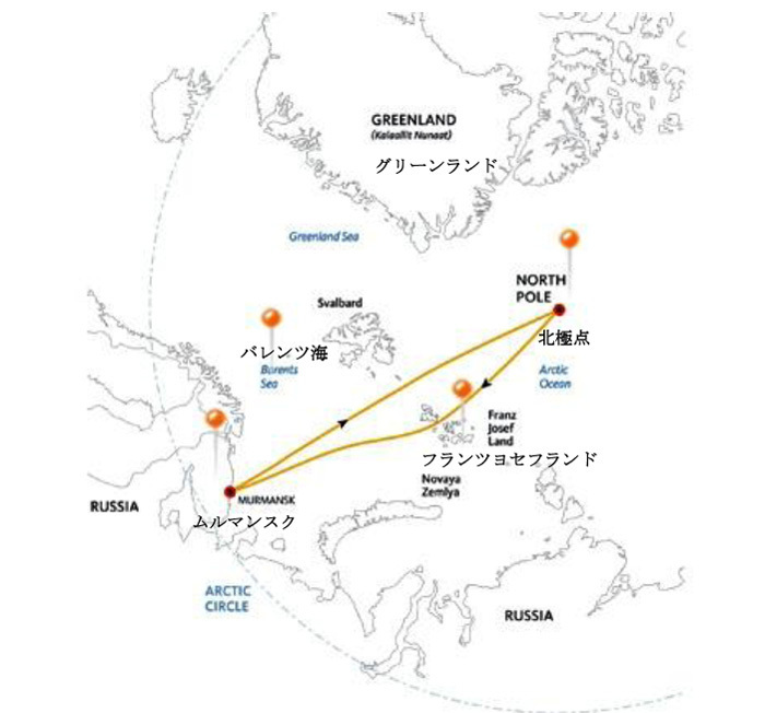 北極点クルーズ14日間ルート地図