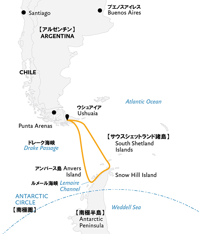 南極半島＆サウスシェットランド諸島クルーズ11日間ルートマップ