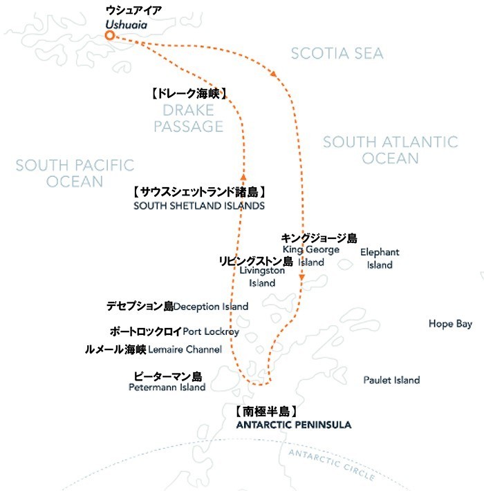 南極半島＆サウスシェットランド諸島クルーズ11・12日間ルート地図