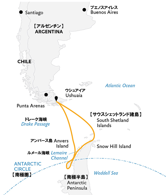 南極半島＆サウスシェットランド諸島（南極圏横断）14日間ルート地図