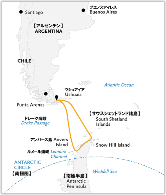  南極半島＆サウスシェットランド諸島クルーズ11日間ルート地図