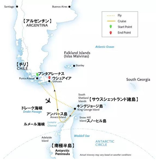 南極エクスプレス（Ⅲ）南極半島＆サウスシェットランド諸島10日間【プンタアレーナス発】ルート地図